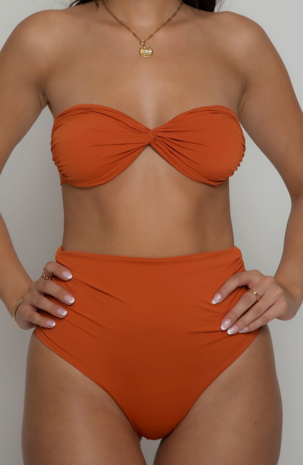 Terracotta bikini, strapless top and hot pants