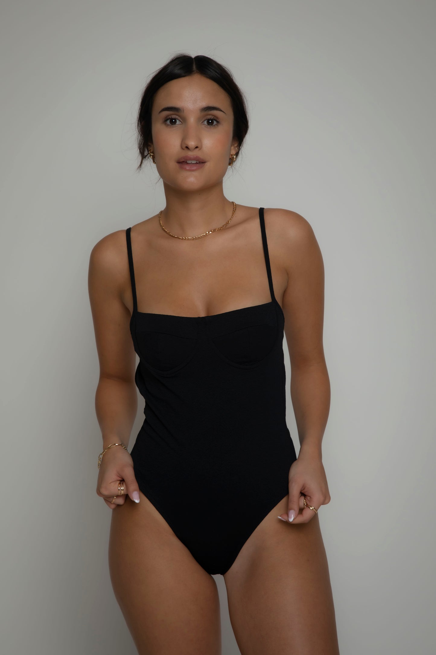 Black textured swimsuit, onepiece