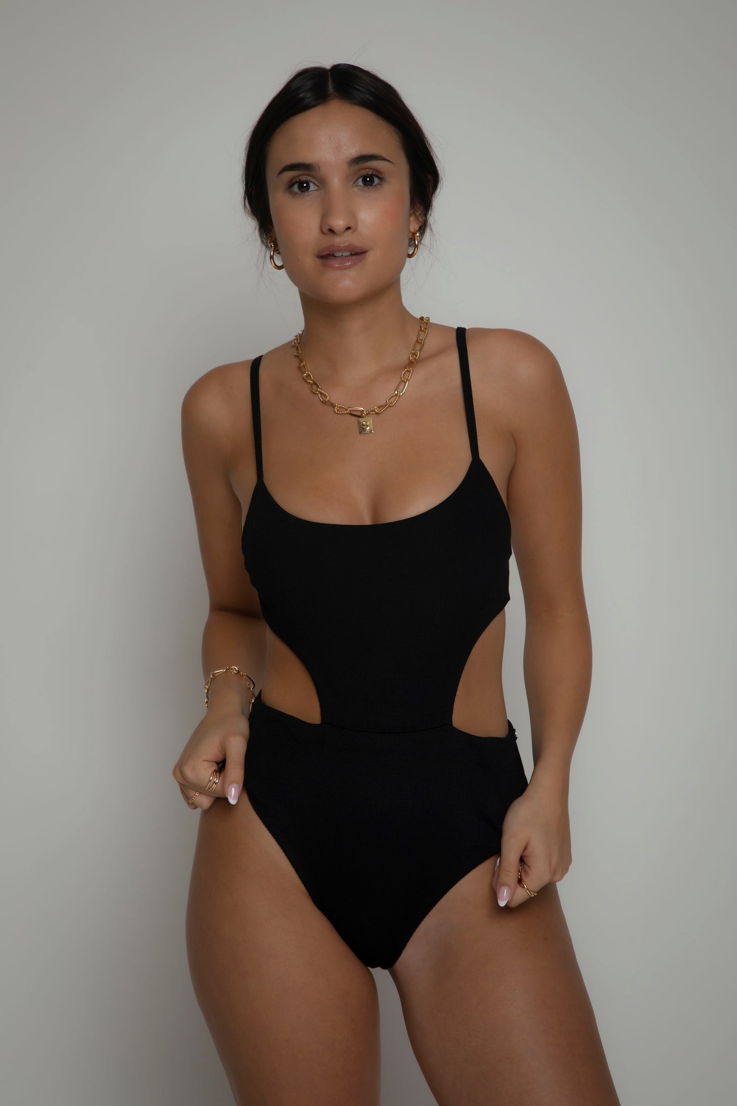 Black textured swimsuit, onepiece