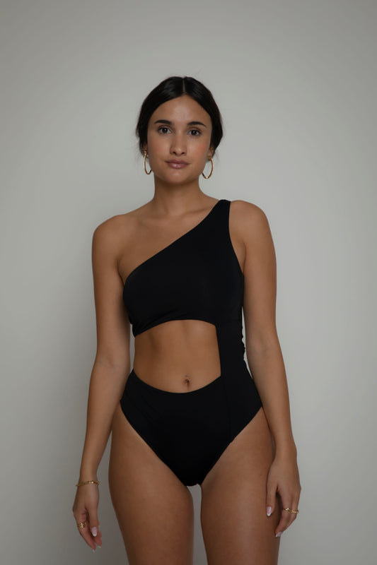 Black one shoulder swimsuit, onepiece