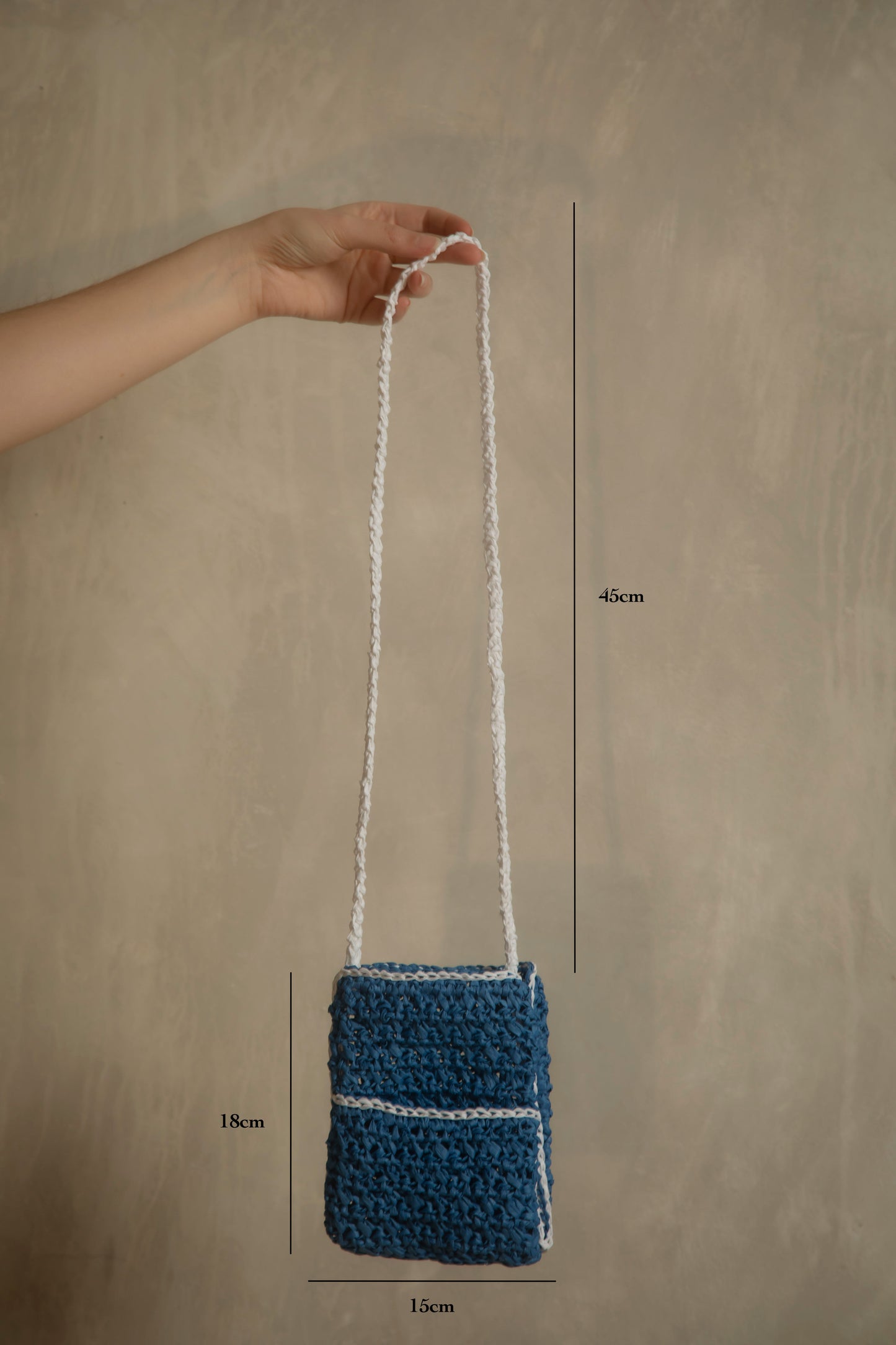 Blue and white crochet bag