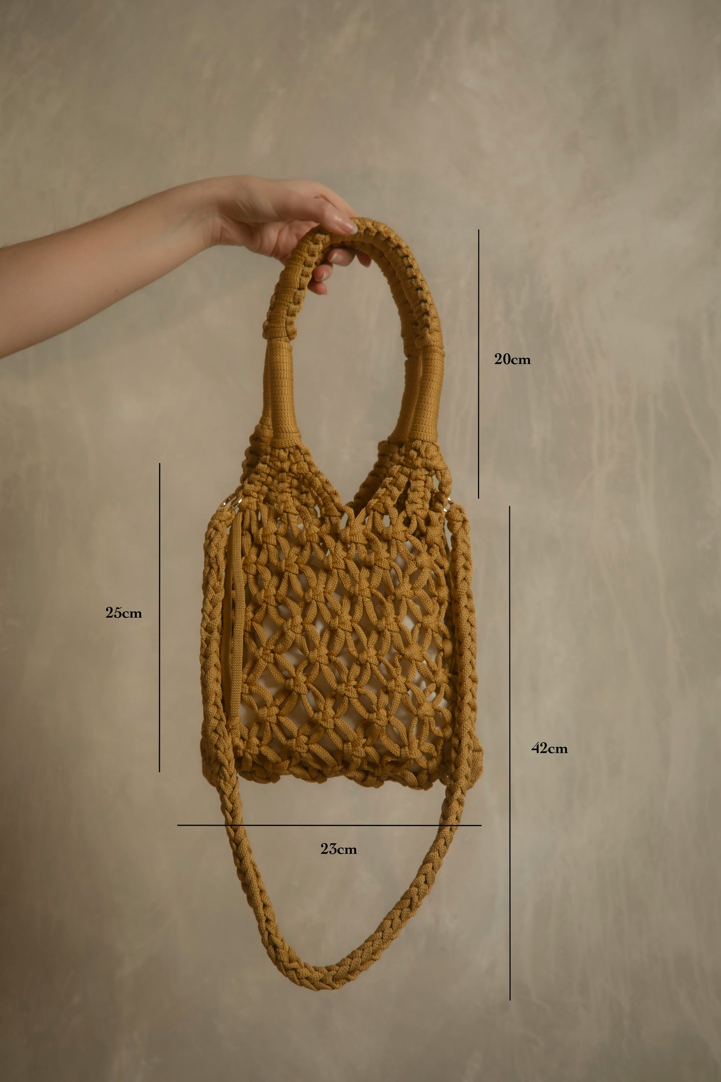 Golden crochet bag