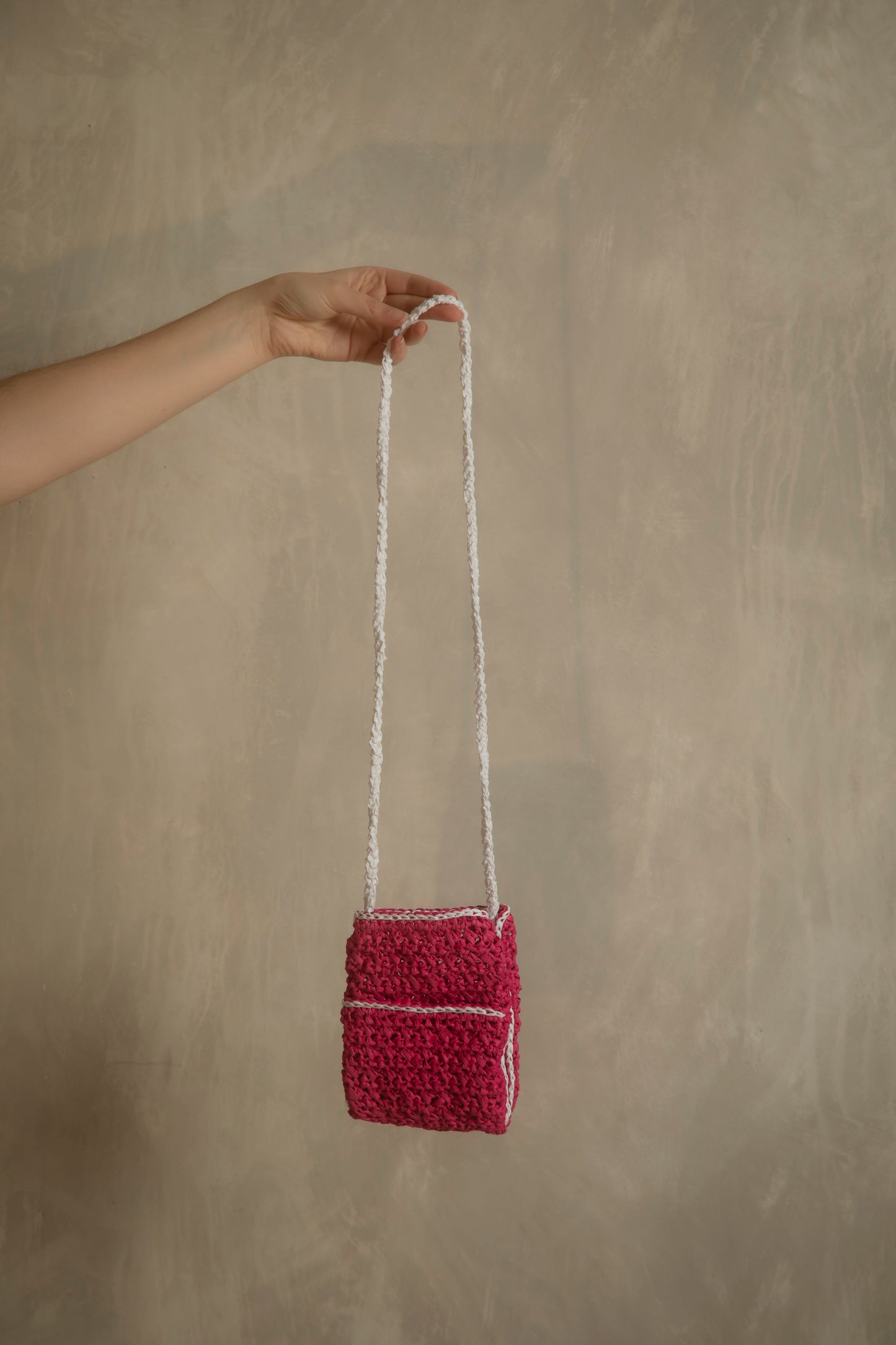 Pink and white crochet bag