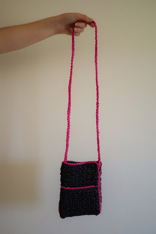 Black and pink crochet bag